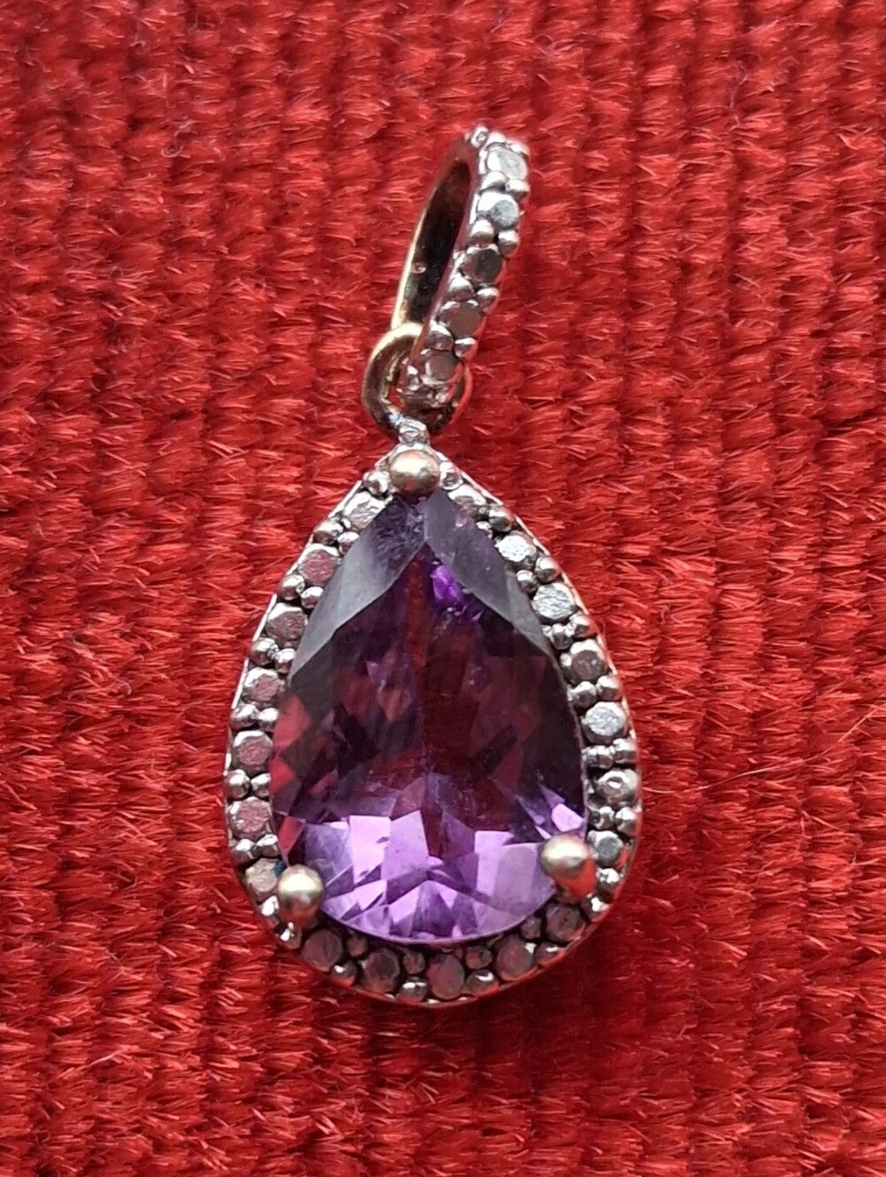 Amathyst Teardrop Pendant Necklace  With Studded Halo In 925